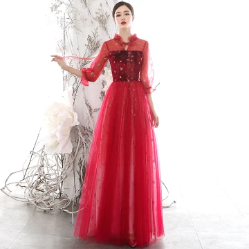 Chic Belle Rouge Transparentes Robe De Soirée 2020 Princesse Col Haut Gonflée 3 4 Manches Glitter Étoile Longue Volants Dos Nu Robe De Ceremonie