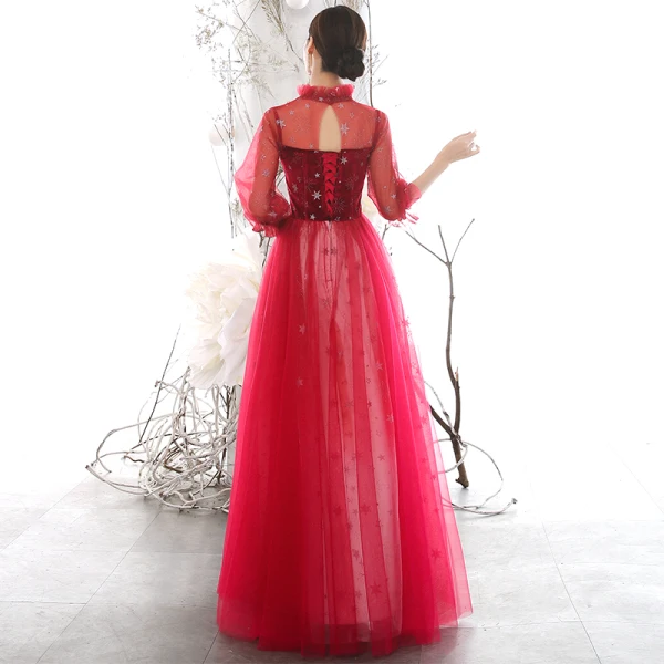 Chic / Beautiful Red See-through Evening Dresses  2020 A-Line / Princess High Neck Puffy 3/4 Sleeve Glitter Star Floor-Length / Long Ruffle Backless Formal Dresses