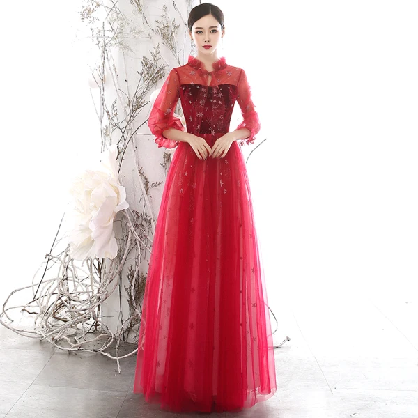 Chic / Beautiful Red See-through Evening Dresses  2020 A-Line / Princess High Neck Puffy 3/4 Sleeve Glitter Star Floor-Length / Long Ruffle Backless Formal Dresses
