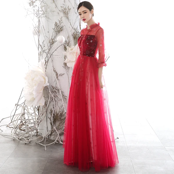 Chic / Beautiful Red See-through Evening Dresses  2020 A-Line / Princess High Neck Puffy 3/4 Sleeve Glitter Star Floor-Length / Long Ruffle Backless Formal Dresses
