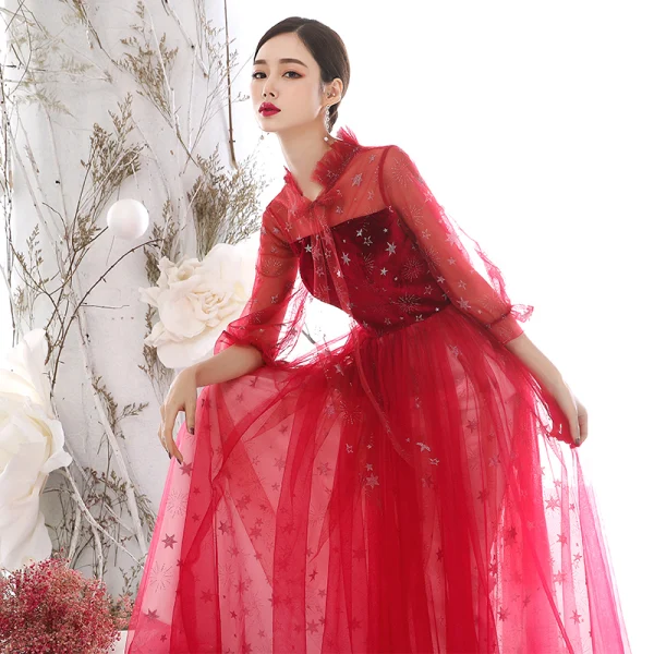 Chic / Beautiful Red See-through Evening Dresses  2020 A-Line / Princess High Neck Puffy 3/4 Sleeve Glitter Star Floor-Length / Long Ruffle Backless Formal Dresses