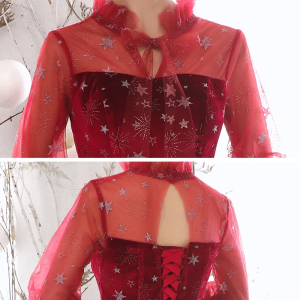 Chic / Beautiful Red See-through Evening Dresses  2020 A-Line / Princess High Neck Puffy 3/4 Sleeve Glitter Star Floor-Length / Long Ruffle Backless Formal Dresses