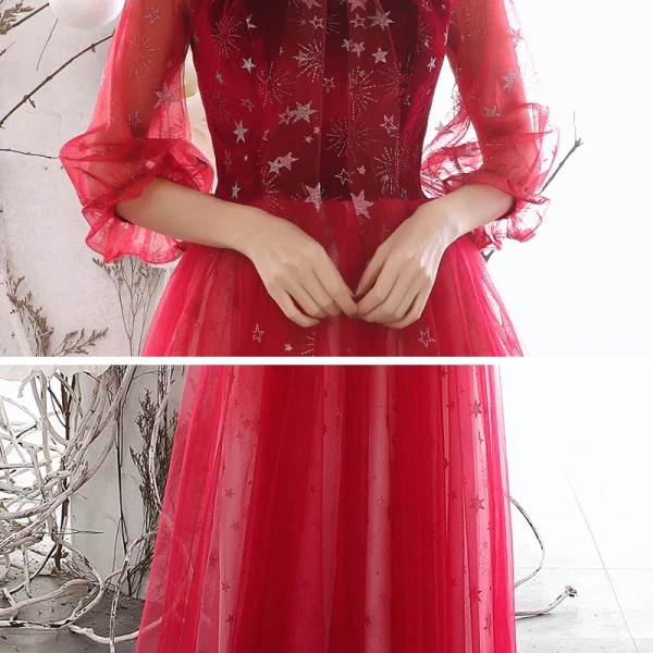 Chic / Beautiful Red See-through Evening Dresses  2020 A-Line / Princess High Neck Puffy 3/4 Sleeve Glitter Star Floor-Length / Long Ruffle Backless Formal Dresses