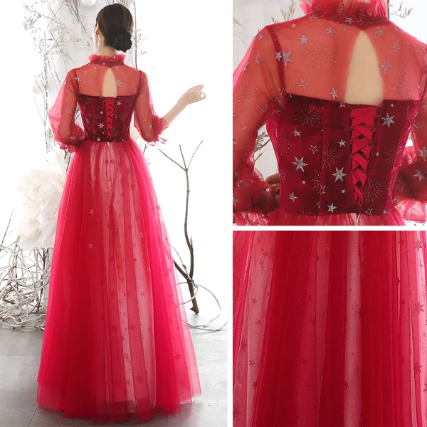 Chic / Beautiful Red See-through Evening Dresses  2020 A-Line / Princess High Neck Puffy 3/4 Sleeve Glitter Star Floor-Length / Long Ruffle Backless Formal Dresses