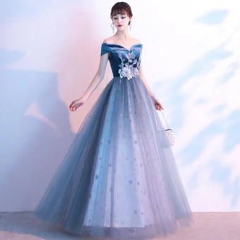 Fée Des Fleurs Océan Bleu Daim Robe De Soirée 2020 Princesse De L Épaule Manches Courtes Étoile Tulle Fleur Appliques En Dentelle Longue Volants Dos Nu