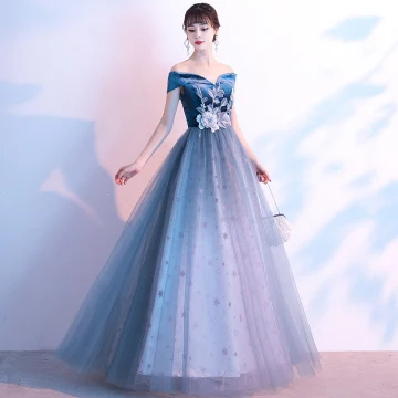 Flower Fairy Ocean Blue Suede Evening Dresses 2020 A Line Princess Off The Shoulder Short Sleeve Star Tulle Flower Appliques Lace Floor Length Long Ruffle Backless