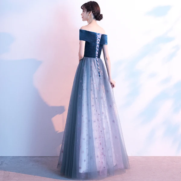 Flower Fairy Ocean Blue Suede Evening Dresses 2020 A-Line / Princess Off-The-Shoulder Short Sleeve Star Tulle Flower Appliques Lace Floor-Length / Long Ruffle Backless