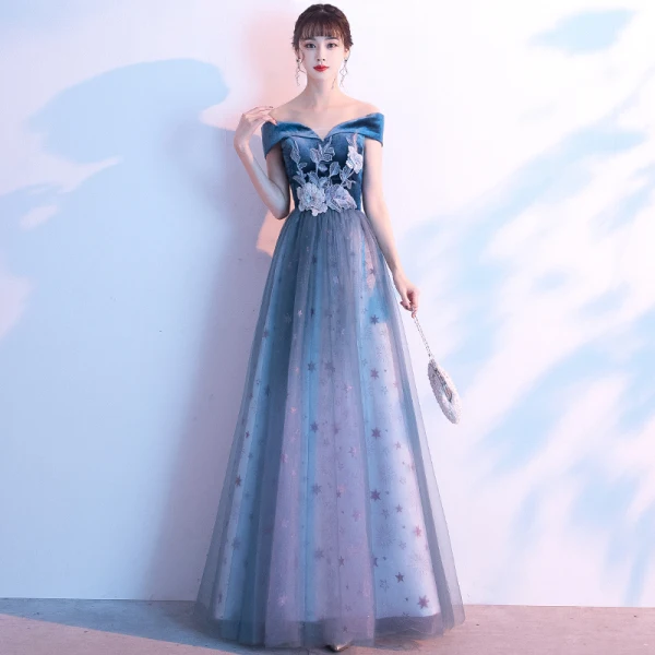 Flower Fairy Ocean Blue Suede Evening Dresses 2020 A-Line / Princess Off-The-Shoulder Short Sleeve Star Tulle Flower Appliques Lace Floor-Length / Long Ruffle Backless