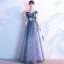 Flower Fairy Ocean Blue Suede Evening Dresses  2020 A-Line / Princess Off-The-Shoulder Short Sleeve Star Tulle Flower Appliques Lace Floor-Length / Long Ruffle Backless
