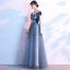 Flower Fairy Ocean Blue Suede Evening Dresses  2020 A-Line / Princess Off-The-Shoulder Short Sleeve Star Tulle Flower Appliques Lace Floor-Length / Long Ruffle Backless