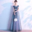 Flower Fairy Ocean Blue Suede Evening Dresses  2020 A-Line / Princess Off-The-Shoulder Short Sleeve Star Tulle Flower Appliques Lace Floor-Length / Long Ruffle Backless