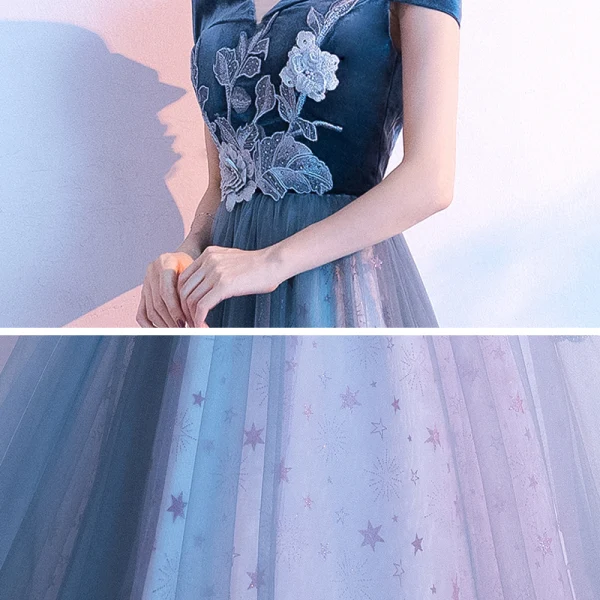 Flower Fairy Ocean Blue Suede Evening Dresses 2020 A-Line / Princess Off-The-Shoulder Short Sleeve Star Tulle Flower Appliques Lace Floor-Length / Long Ruffle Backless