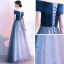 Flower Fairy Ocean Blue Suede Evening Dresses  2020 A-Line / Princess Off-The-Shoulder Short Sleeve Star Tulle Flower Appliques Lace Floor-Length / Long Ruffle Backless