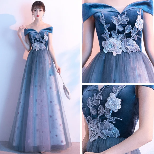 Flower Fairy Ocean Blue Suede Evening Dresses 2020 A-Line / Princess Off-The-Shoulder Short Sleeve Star Tulle Flower Appliques Lace Floor-Length / Long Ruffle Backless