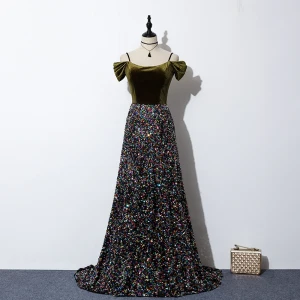 Sparkly Multi Colors Sequins Evening Dresses 2020 A Line Princess Spaghetti Straps Short Sleeve Sweep Train Ruffle Backless Suede Formal Dresses