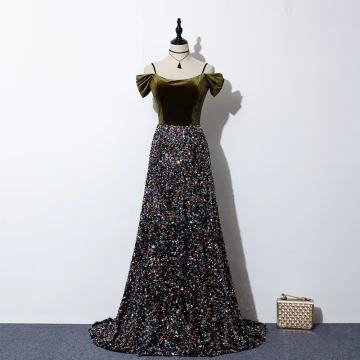 Glitter Multi Kleuren Pailletten Avondjurken 2020 A Lijn Spaghettibandjes Korte Mouwen Sweep Trein Ruche Ruglooze Suede Gelegenheid Jurken
