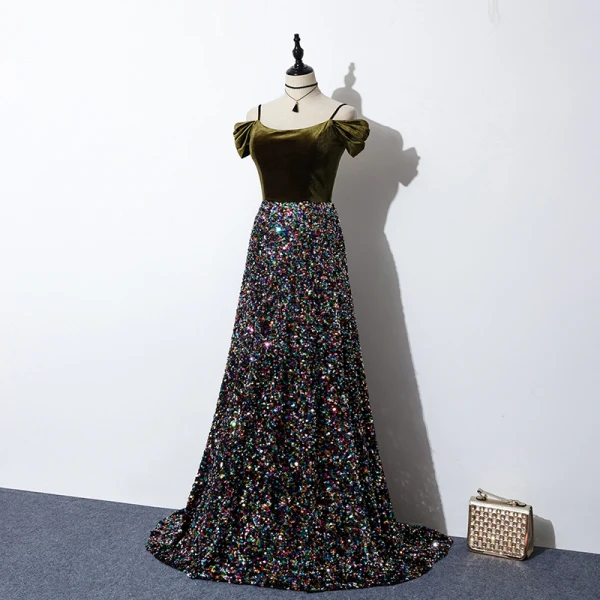 Scintillantes Multi-Couleurs Paillettes Robe De Soirée 2020 Princesse Bretelles Spaghetti Manches Courtes Train De Balayage Volants Dos Nu Daim Robe De Ceremonie