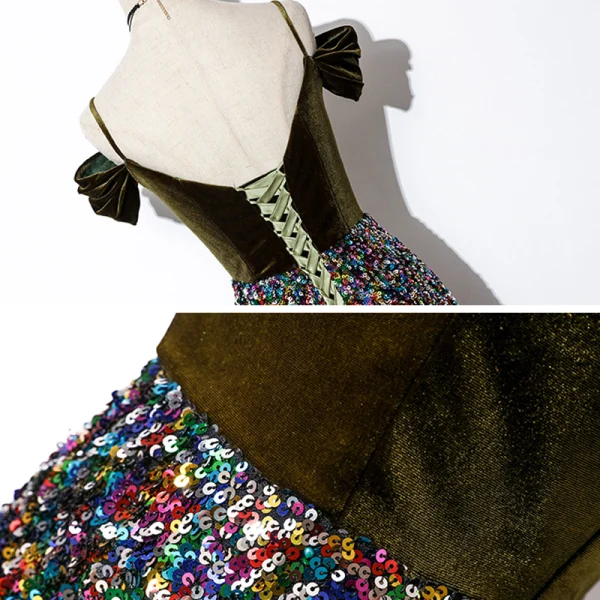 Scintillantes Multi-Couleurs Paillettes Robe De Soirée 2020 Princesse Bretelles Spaghetti Manches Courtes Train De Balayage Volants Dos Nu Daim Robe De Ceremonie