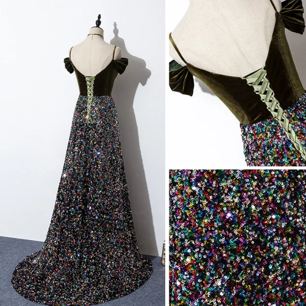 Scintillantes Multi-Couleurs Paillettes Robe De Soirée 2020 Princesse Bretelles Spaghetti Manches Courtes Train De Balayage Volants Dos Nu Daim Robe De Ceremonie