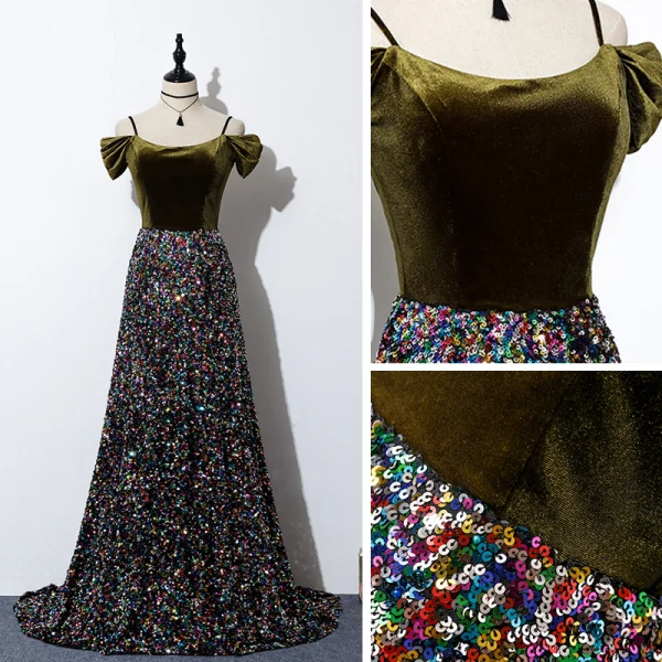 Scintillantes Multi-Couleurs Paillettes Robe De Soirée 2020 Princesse Bretelles Spaghetti Manches Courtes Train De Balayage Volants Dos Nu Daim Robe De Ceremonie