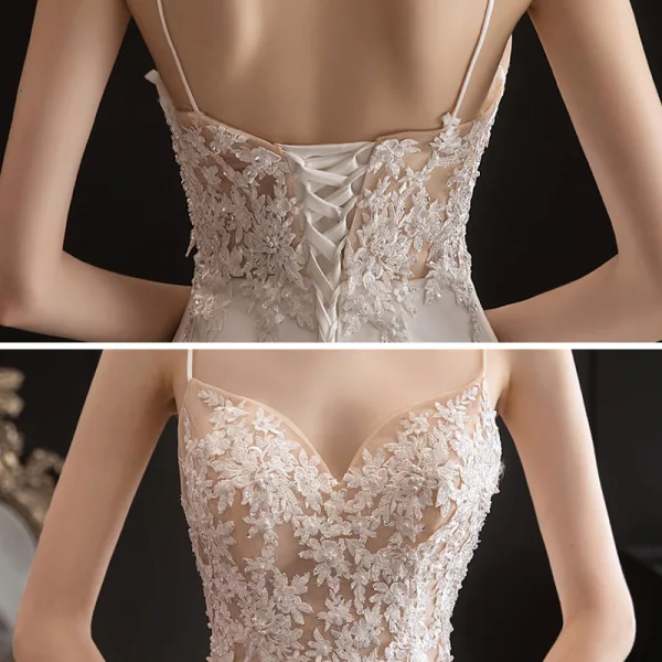 Sexy Ivoire Légère La Mariée Robe De Mariée 2020 Trompette / Sirène Bretelles Spaghetti Sans Manches Dos Nu Appliques En Dentelle Perlage Chapel Train Volants