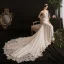 Sexy Ivoire Légère La Mariée Robe De Mariée 2020 Trompette / Sirène Bretelles Spaghetti Sans Manches Dos Nu Appliques En Dentelle Perlage Chapel Train Volants