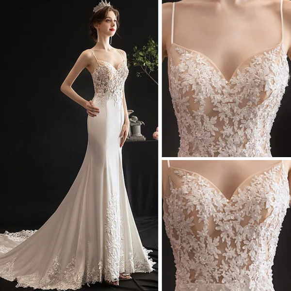 Sexy Ivoire Légère La Mariée Robe De Mariée 2020 Trompette / Sirène Bretelles Spaghetti Sans Manches Dos Nu Appliques En Dentelle Perlage Chapel Train Volants