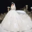 Luxe Champagne Transparentes Robe De Mariée 2020 Robe Boule Encolure Dégagée 3/4 Manches Fait main Perlage Glitter Tulle Appliques En Dentelle Royal Train Volants