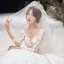 Luxe Champagne Transparentes Robe De Mariée 2020 Robe Boule Encolure Dégagée 3/4 Manches Fait main Perlage Glitter Tulle Appliques En Dentelle Royal Train Volants
