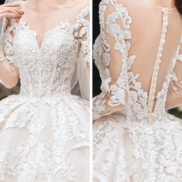Luxe Champagne Transparentes Robe De Mariée 2020 Robe Boule Encolure Dégagée 3/4 Manches Fait main Perlage Glitter Tulle Appliques En Dentelle Royal Train Volants