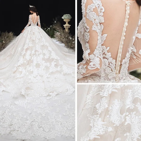 Luxe Champagne Transparentes Robe De Mariée 2020 Robe Boule Encolure Dégagée 3/4 Manches Fait main Perlage Glitter Tulle Appliques En Dentelle Royal Train Volants