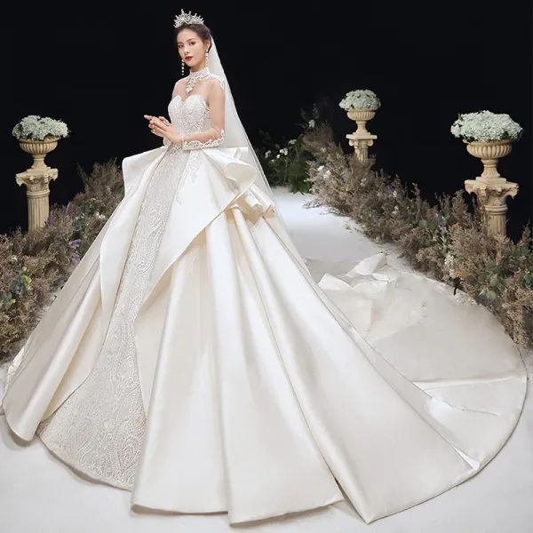 Luxury / Gorgeous Champagne Satin See-through Wedding Dresses 2020 Ball ...