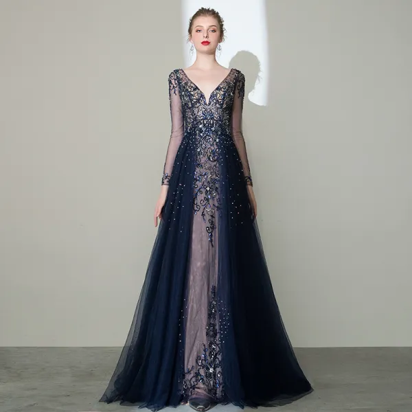Luxury / Gorgeous Navy Blue See-through Pageant Evening Dresses  2020 A-Line / Princess Deep V-Neck Long Sleeve Handmade  Beading Glitter Tulle Sweep Train Ruffle Backless Formal Dresses