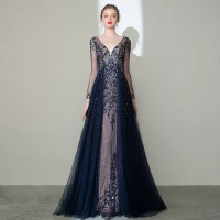Magnífico Marino Oscuro Transparentes Concurso de belleza Vestidos de noche 2020 A-Line / Princess V-cuello Profundo Manga Larga Hecho a mano Rebordear Glitter Tul Colas De Barrido Ruffle Sin Espalda Vestidos Formales
