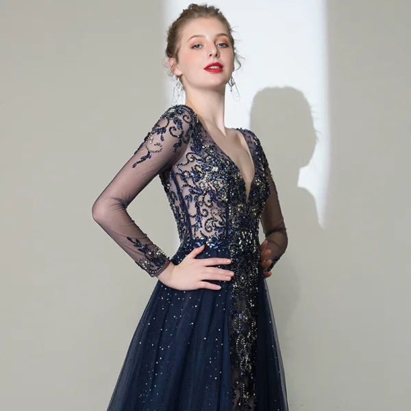 Luxury Gorgeous Navy Blue See-through Pageant Evening Dresses 2020 A-Line Princess Deep