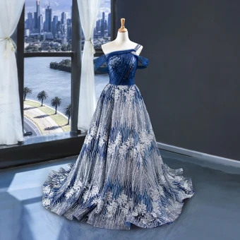 High End Kungsblå Silver Aftonklänningar 2023 Prinsessa Jedno Ramię Korta Ärm Glittriga Glitter Tyll Svep Tåg Ruffle Halterneck Formella Klänningar