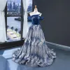 High-end Royal Blue Silver Evening Dresses  2023 A-Line / Princess One-Shoulder Short Sleeve Glitter Tulle Sweep Train Ruffle Backless Formal Dresses