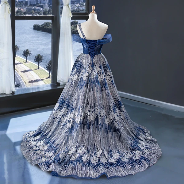 royal blue with silver dress Custom Rhinestones Royal Blue Satin Halter A-line Prom Formal Dress main image 0