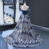 High-end Royal Blue Silver Evening Dresses  2023 A-Line / Princess One-Shoulder Short Sleeve Glitter Tulle Sweep Train Ruffle Backless Formal Dresses
