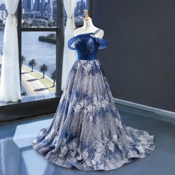 High-end Royal Blue Silver Evening Dresses 2023 A-Line / Princess  One-Shoulder Short Sleeve Glitter