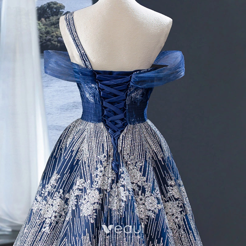 High-end Royal Blue Silver Evening Dresses 2023 A-Line / Princess  One-Shoulder Short Sleeve Glitter Tulle Sweep Train Ruffle Backless Formal  Dresses