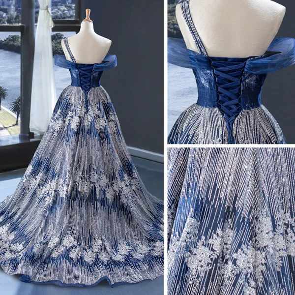 High-end Royal Blue Silver Evening Dresses 2023 A-Line / Princess One-Shoulder Short Sleeve Glitter Tulle Sweep Train Ruffle Backless Formal Dresses