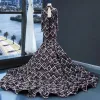 Stunning Black Pageant Evening Dresses  2023 Trumpet / Mermaid High Neck Long Sleeve Beading Glitter Polyester Chapel Train Ruffle Backless Formal Dresses