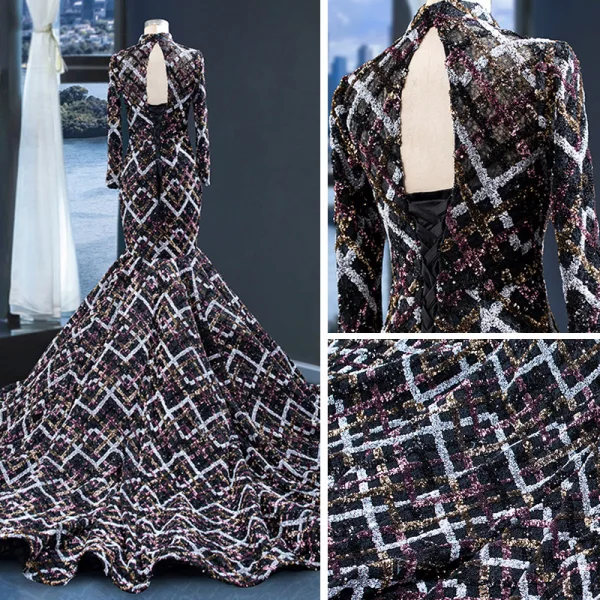 Atemberaubend Schwarz Festzug Abendkleider 2023 Meerjungfrau Stehkragen Lange Ärmel Perlenstickerei Glanz Polyester Kapelle-Schleppe Rüschen Rückenfreies Festliche Kleider