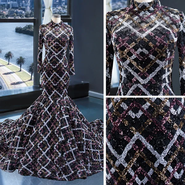 Atemberaubend Schwarz Festzug Abendkleider 2023 Meerjungfrau Stehkragen Lange Ärmel Perlenstickerei Glanz Polyester Kapelle-Schleppe Rüschen Rückenfreies Festliche Kleider