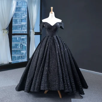 Scintillantes Noire Robe De Bal 2023 Robe Boule De L Épaule Détachable Manches Courtes Paillettes Perlage Train De Balayage Volants Dos Nu Robe De Ceremonie