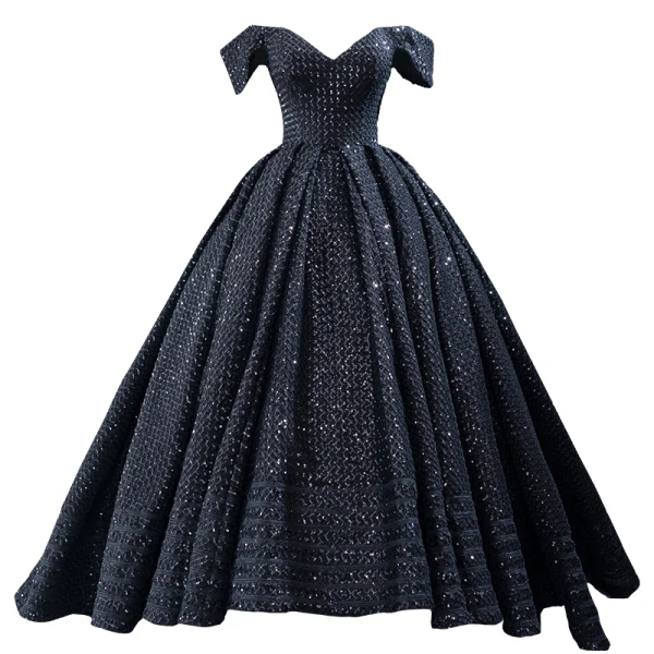 Scintillantes Noire Robe De Bal 2023 Robe Boule De l'épaule Détachable Manches Courtes Paillettes Perlage Train De Balayage Volants Dos Nu Robe De Ceremonie