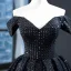 Scintillantes Noire Robe De Bal 2023 Robe Boule De l'épaule Détachable Manches Courtes Paillettes Perlage Train De Balayage Volants Dos Nu Robe De Ceremonie