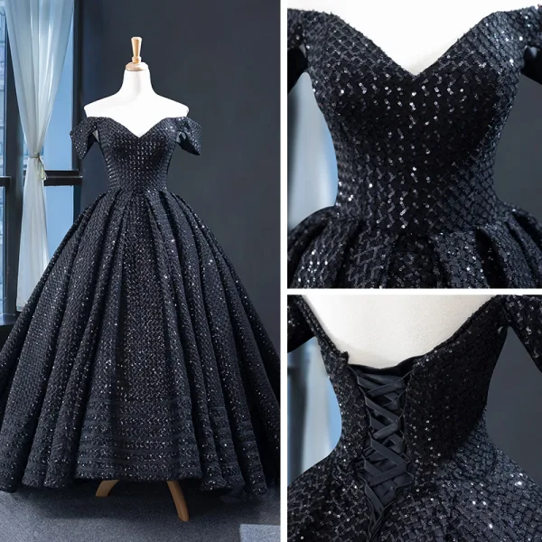 Scintillantes Noire Robe De Bal 2023 Robe Boule De l'épaule Détachable Manches Courtes Paillettes Perlage Train De Balayage Volants Dos Nu Robe De Ceremonie