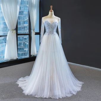 High End White Sky Blue See Through Evening Dresses 2023 A Line Princess Square Neckline Long Sleeve Beading Sweep Train Backless Formal Dresses